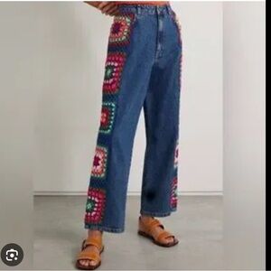 Farm Rio Sz M Jeans Denim Crochet Granny Squares High Waist Retro Hippie 60’s